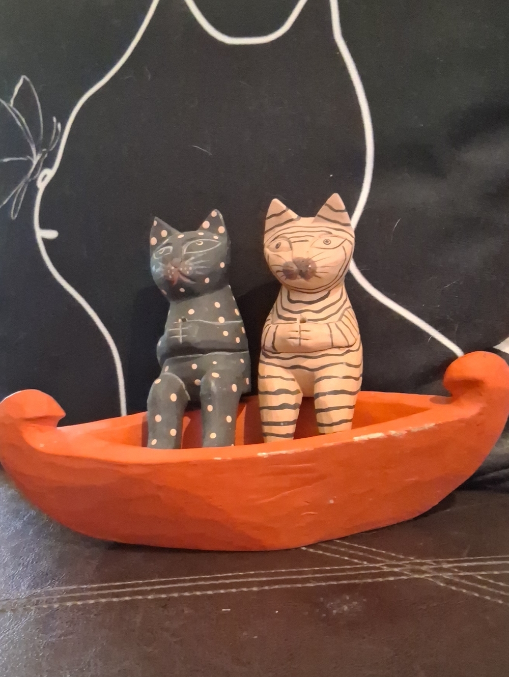 Handcarved Wooden Cats In Boat